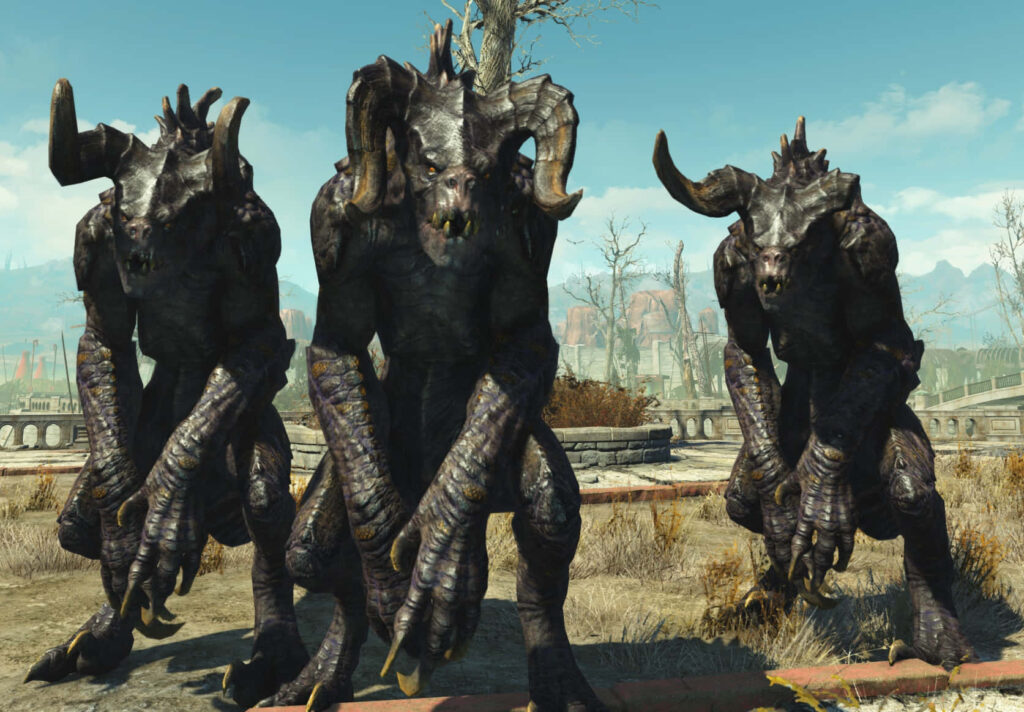 Three muscular Deathclaws with horns in a gritty post-apocalyptic Fallout wasteland wallpaper