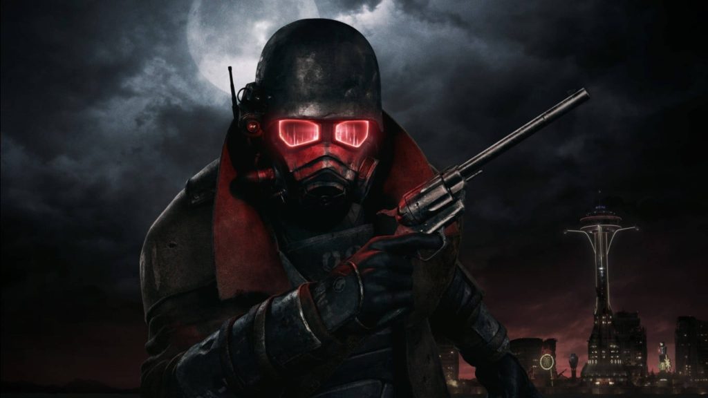 NCR Veteran Ranger in dark duster and gas mask with revolver under moonlit sky Fallout New Vegas 4K Wallpaper