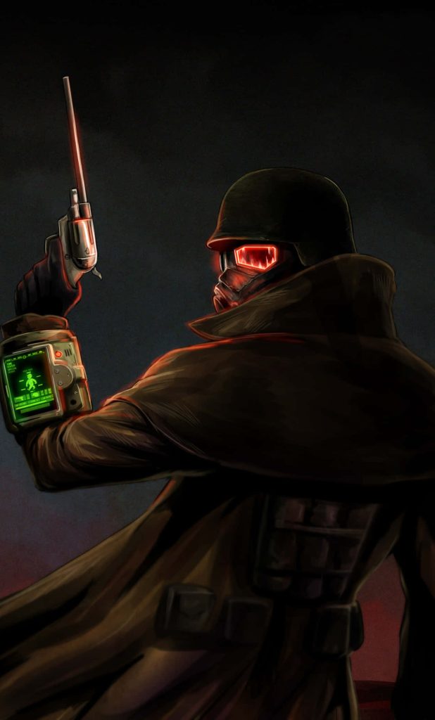 Fallout New Vegas NCR Veteran Ranger phone wallpaper Courier with glowing visor and Pip-Boy