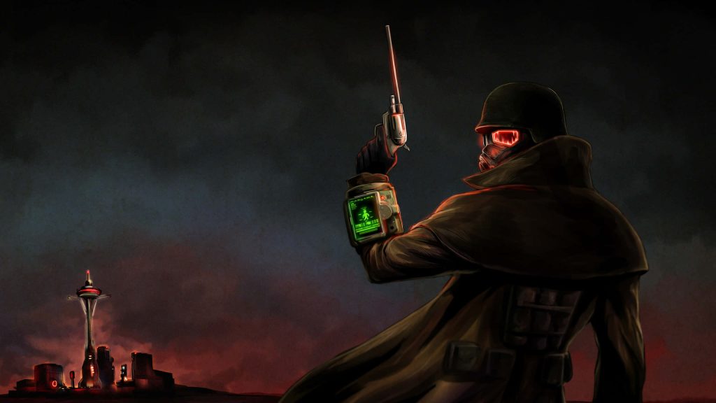 NCR Veteran Ranger with revolver and glowing Pip-Boy in Fallout New Vegas neon wasteland background Wallpaper