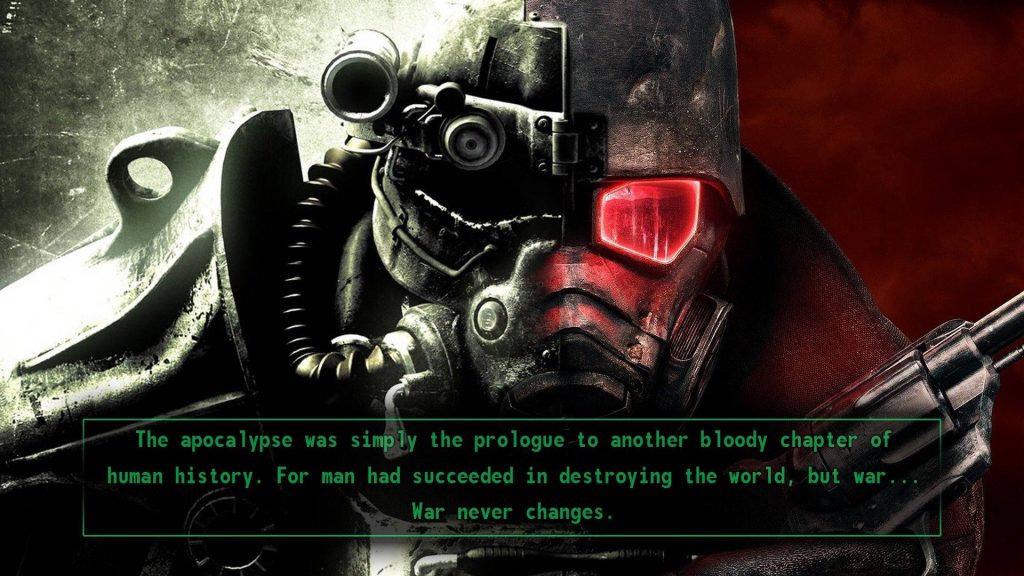 NCR Veteran Ranger in battle armor with red eyes and War never changes quote Fallout New Vegas wallpaper
