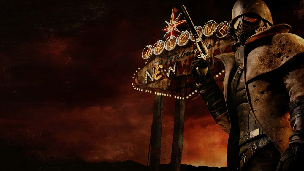 Fallout New Vegas wallpaper NCR Veteran Ranger with revolver dark red sky neon sign background