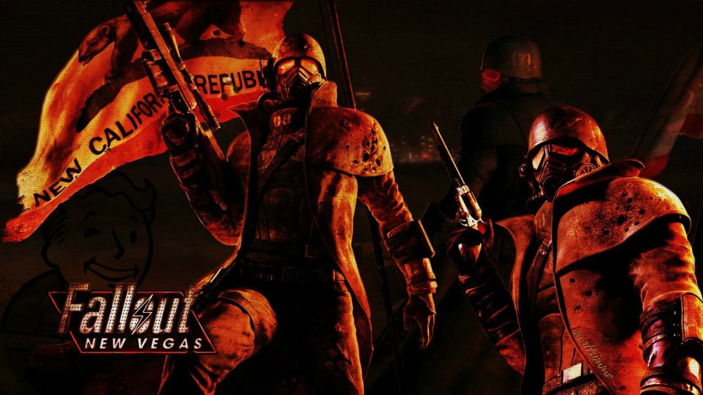 Fallout New Vegas wallpaper NCR Veteran Rangers in trench coats red gas masks dark crimson background