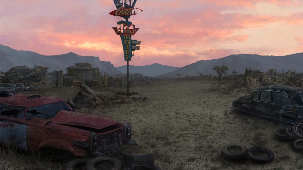 Fallout New Vegas wallpaper sunset desert with ruined motel sign rusted cars and ruins