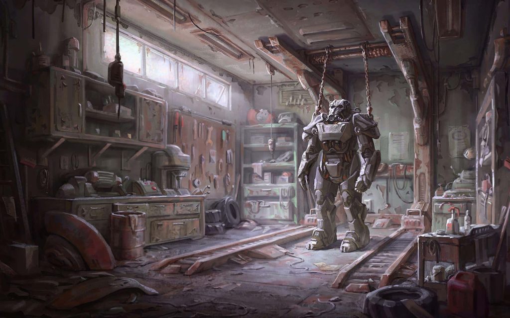 Power Armor hanging in abandoned workshop dusty sunlight post-apocalyptic Fallout New Vegas wallpaper