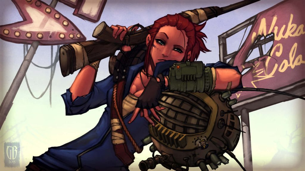 Fallout New Vegas digital art red-haired survivor in blue Vault suit with rifle and ED-E bot Wallpaper