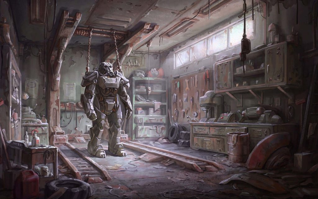 Fallout New Vegas T-45 Power Armor in gritty post-apocalyptic garage with rusty tools wallpaper