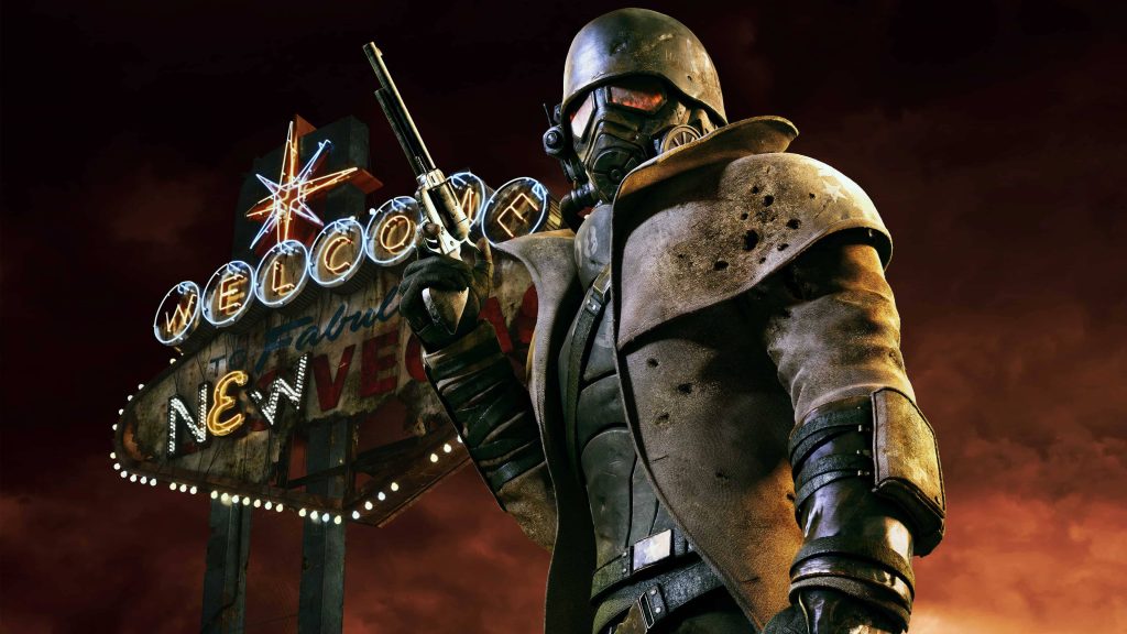 Fallout New Vegas Courier in NCR Ranger armor with revolver under neon New Vegas sign Wallpaper