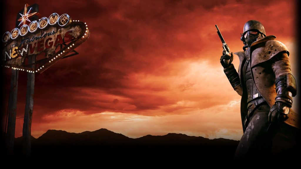 Fallout New Vegas wallpaper NCR Ranger under fiery sky with New Vegas sign and mountains