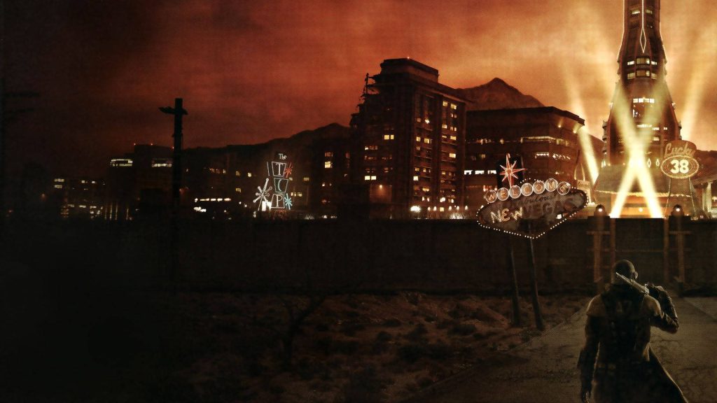 NCR Ranger overlooking neon-lit Vegas Strip with Welcome sign and Lucky 38 in Fallout New Vegas Wallpaper