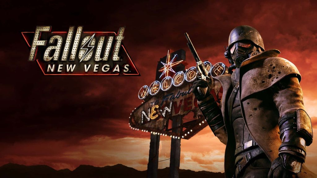 NCR Veteran Ranger with scoped revolver by neon Welcome to New Vegas sign at red twilight Wallpaper
