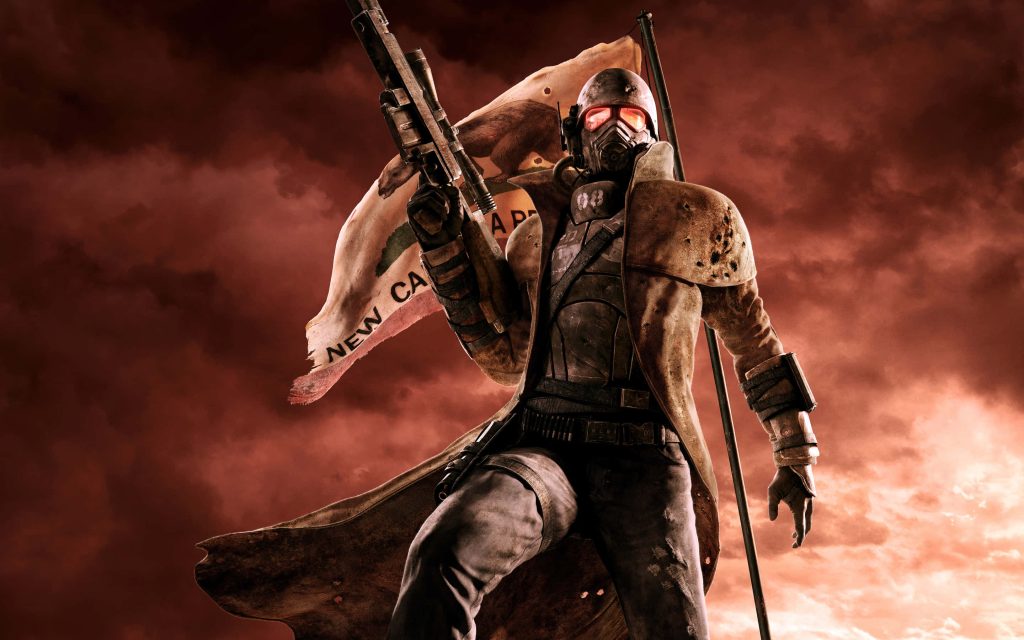 Fallout New Vegas wallpaper NCR Veteran Ranger with sniper rifle and glowing helmet outdoors