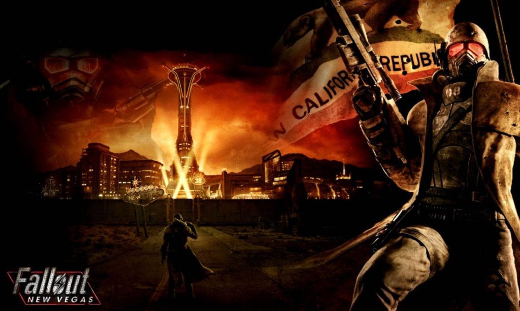 Fallout New Vegas wallpaper featuring NCR Veteran Ranger by glowing New Vegas Strip at dusk
