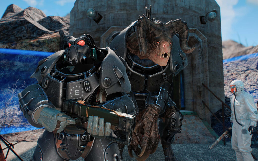 Armored warrior with advanced weapons stands next to fearsome Deathclaw near concrete bunker Fallout wallpaper