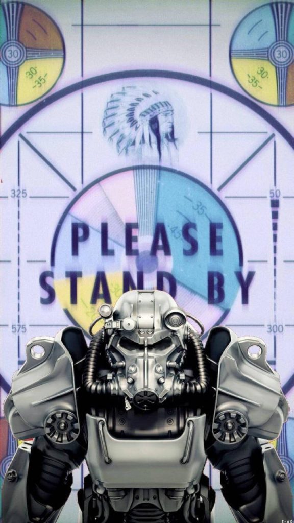 Fallout Power Armor detailed silver suit on retro Please Stand By TV test screen wallpaper