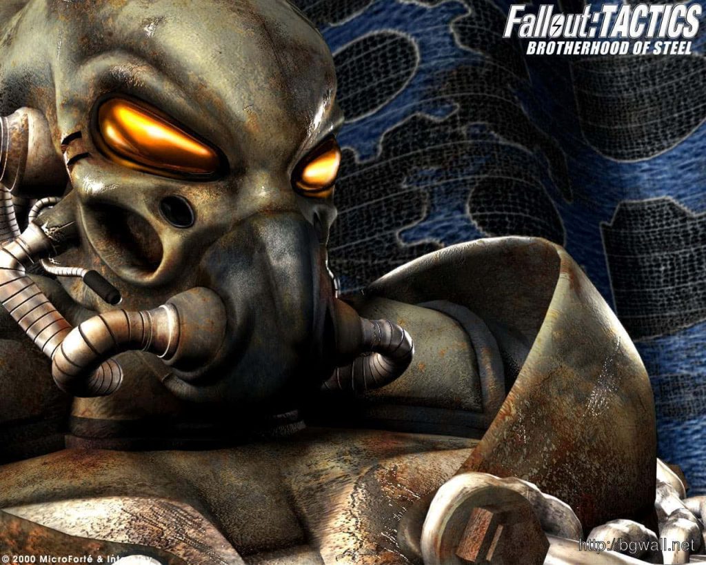Close-up of battle-scarred Fallout Tactics power armor helmet with glowing orange eyes background Wallpaper