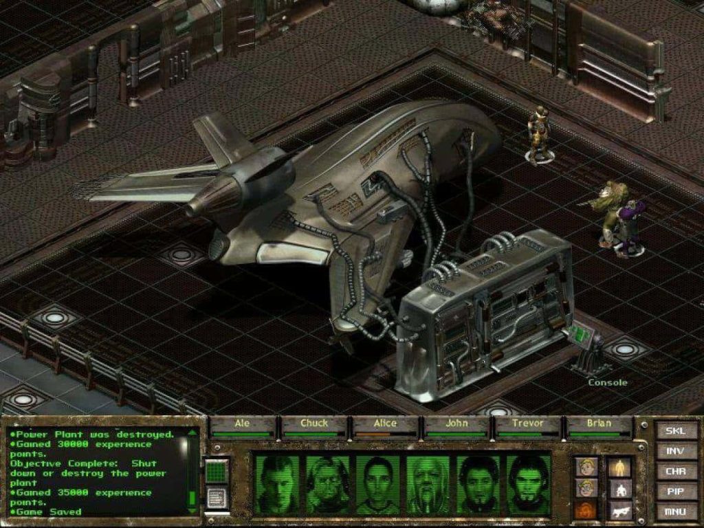 Retro Fallout Tactics wallpaper with metallic aircraft and Brotherhood of Steel guards in industrial base