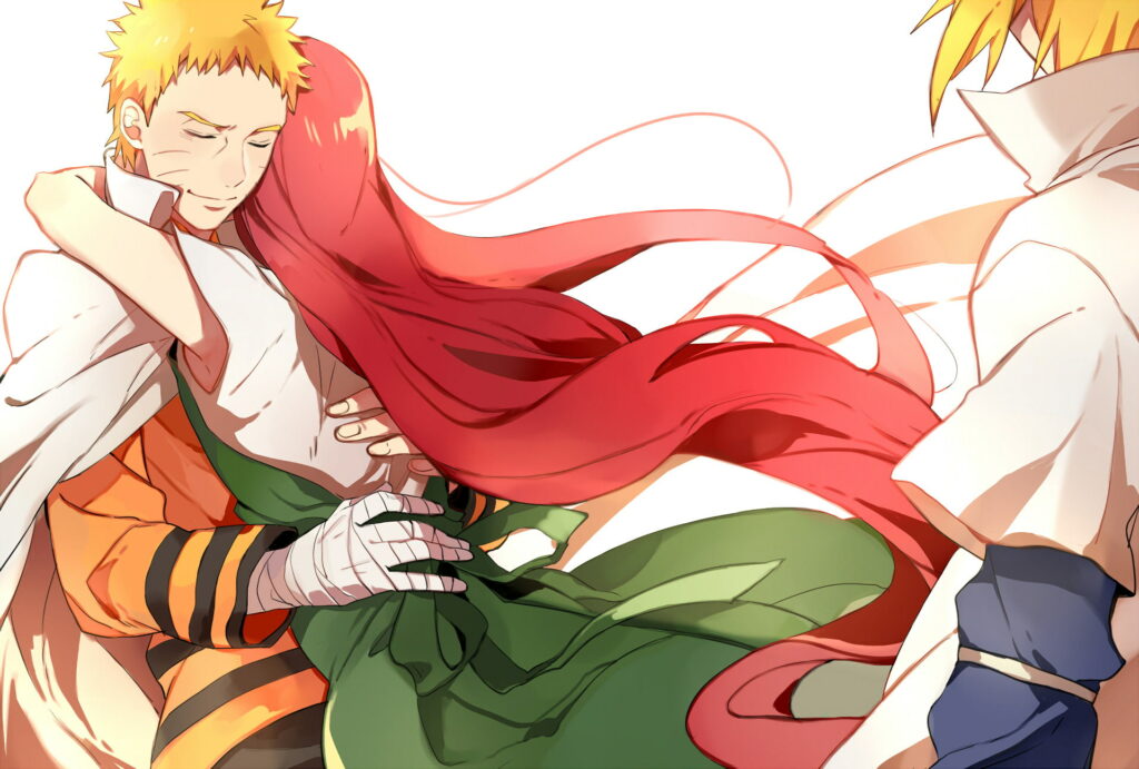 Emotional Anime Family Wallpaper: Naruto's Parents Embrace him with Love & Protection on Colorful Background