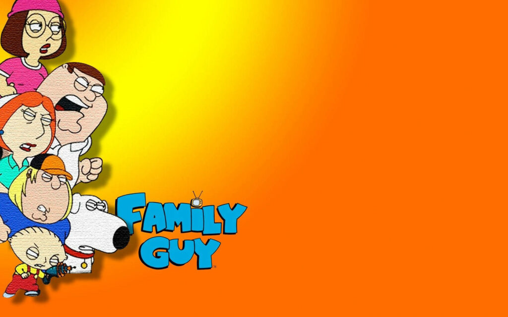 Family Guy main characters with Peter Griffin on left bright orange background and show logo Wallpaper