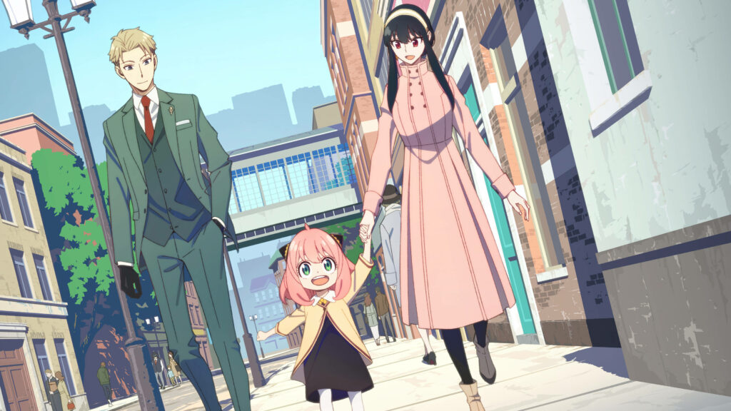 Joyful Trio: Anya Forger, Loid, and Yor Forger Take a Stroll - Wallpaper Illustration