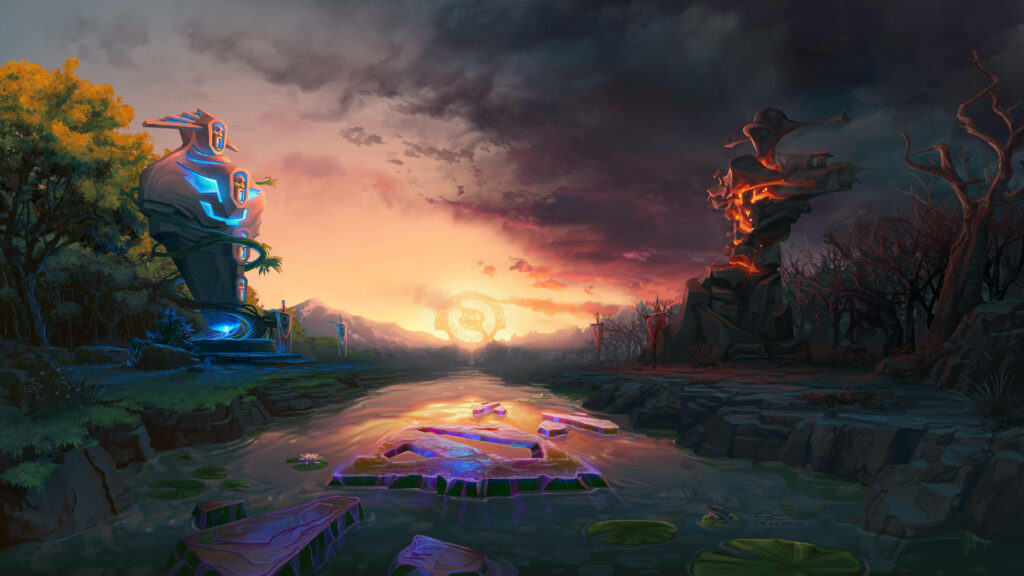 Towers of Conquest: Immersive 4k Wallpaper Showcasing Dota 2's Breathtaking Battlefield