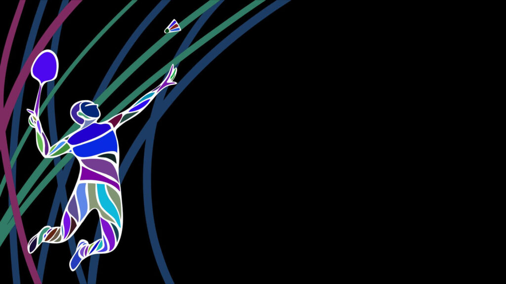 Abstract Elegance: In Motion - Badminton Athlete Leaping to Smash the Shuttlecock against Vibrant Blue, Purple, and Green Graphic Sports Backdrop Wallpaper
