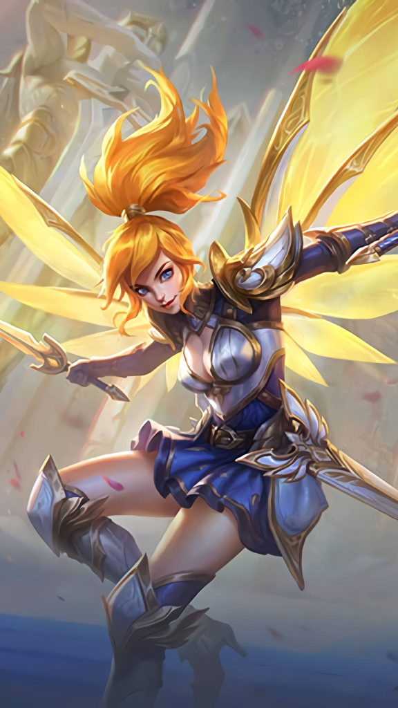Fanny Mobile Legends Lightborn Ranger skin dual blades glowing gold wings combat pose wallpaper