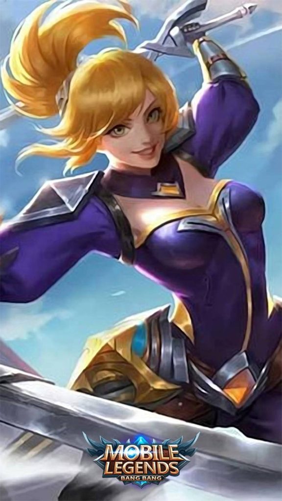 Mobile Legends Bang Bang wallpaper featuring Fanny in purple armor wielding sword action pose