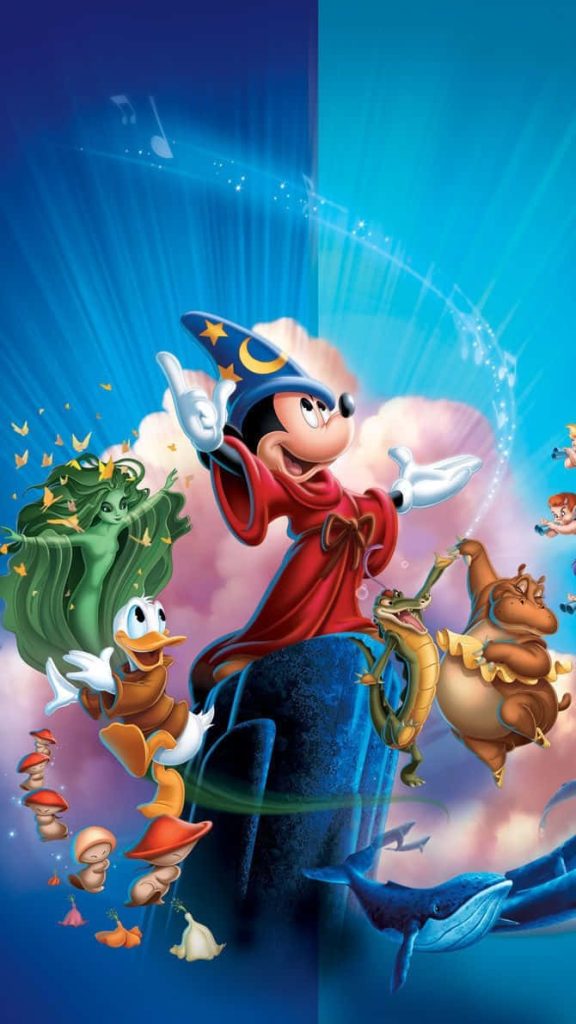 Fantasia wallpaper with Mickey Sorcerer casting spell plus Donald, hippo, whales, mushrooms and sprites