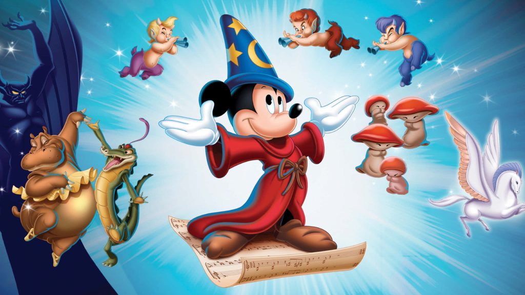 Fantasia Mickey as Sorcerer’s Apprentice on flying music sheet with magical Disney characters Wallpaper