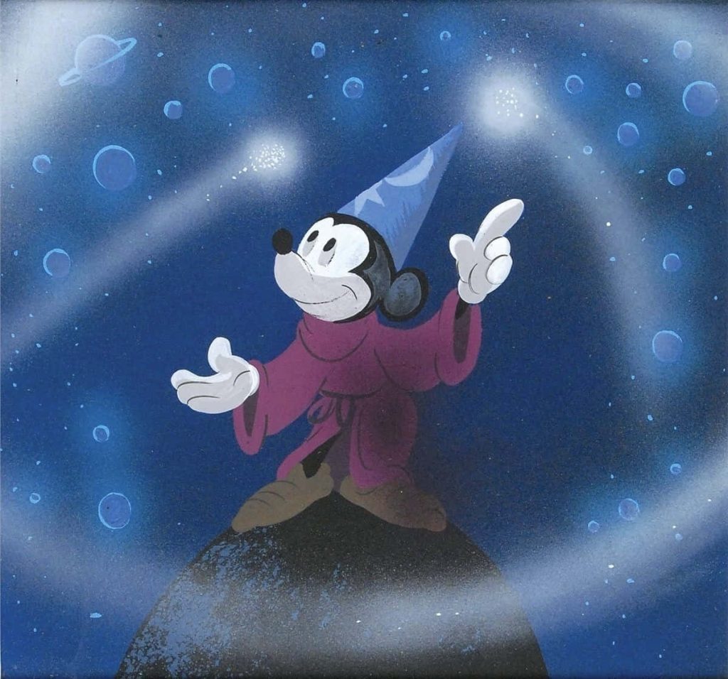 Fantasia Sorcerer Mickey in red robe casting magic with stars and planets cosmic night sky wallpaper