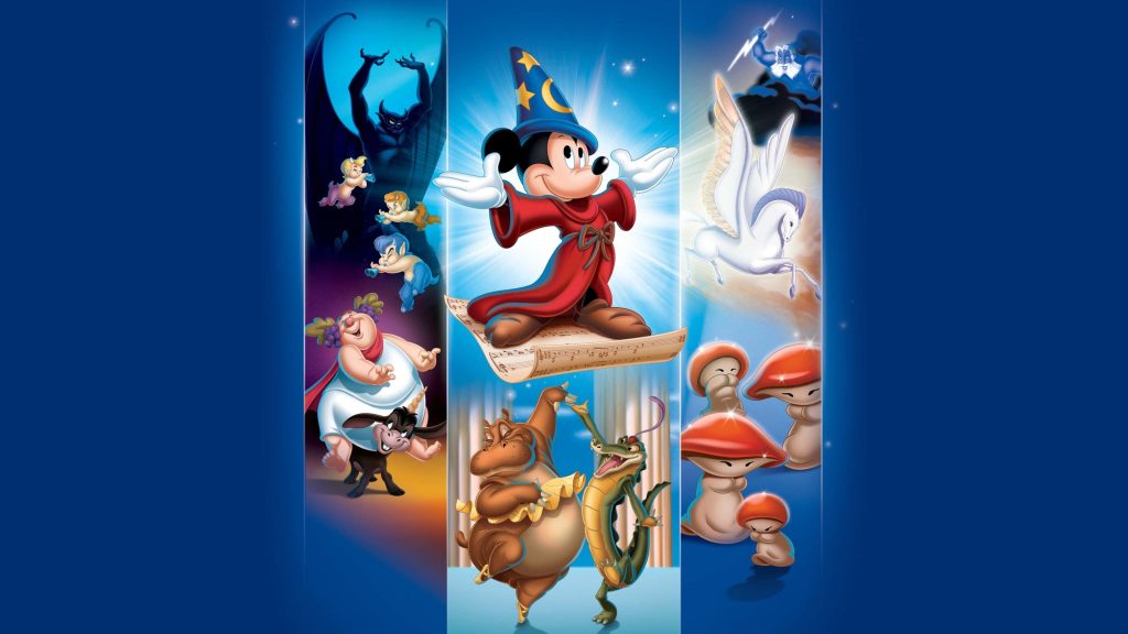 Fantasia wallpaper with Sorcerer Mickey, flying music, Chernabog, Bacchus, Pegasus, mushrooms, hippo