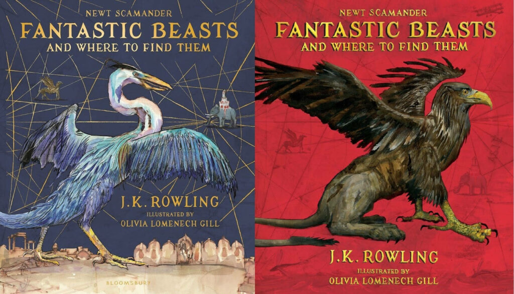 Wallpaper of Fantastic Beasts book covers with vibrant magical creatures and detailed backgrounds