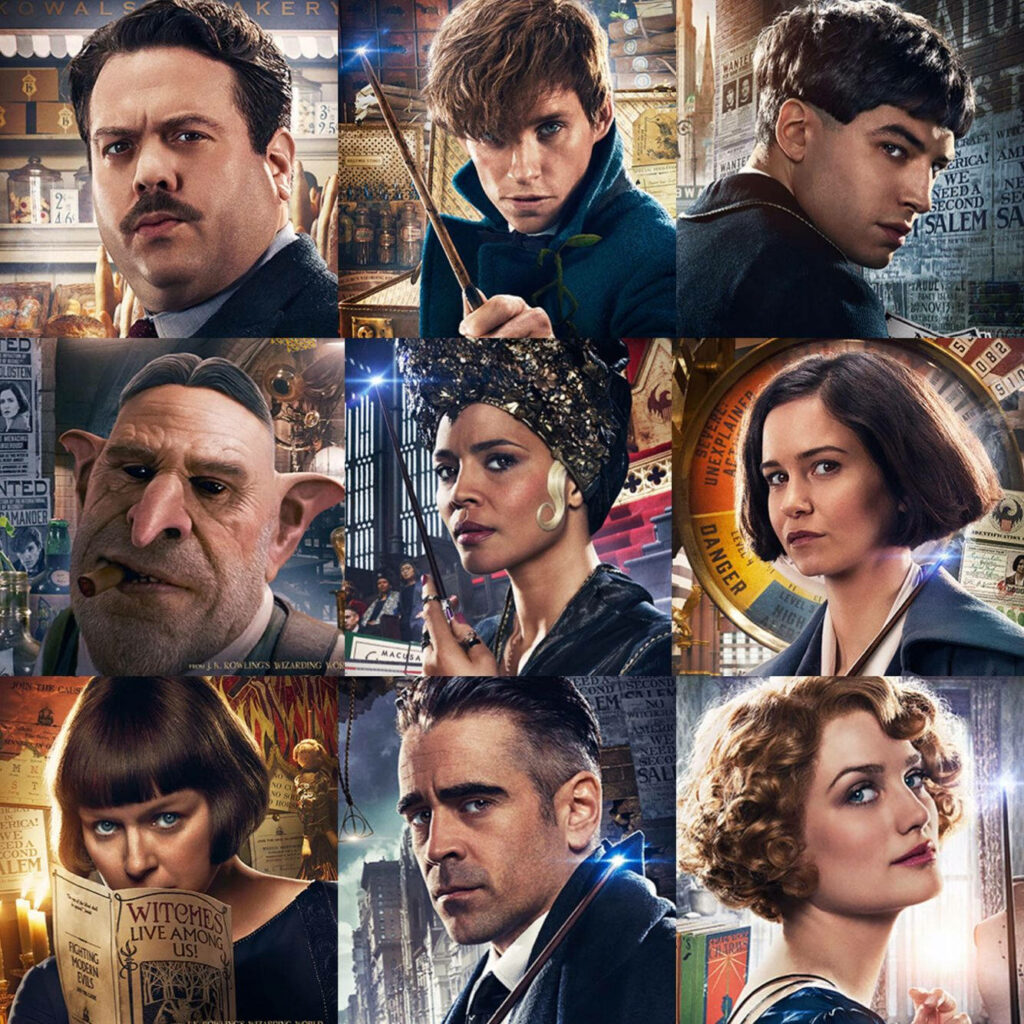 Collage of Fantastic Beasts characters solo portraits with vibrant magical backgrounds wallpaper