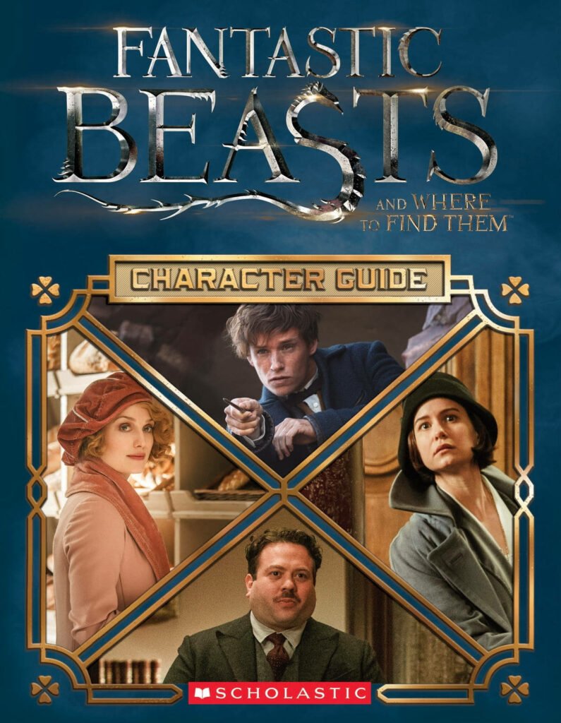 Fantastic Beasts character guide wallpaper with vivid portraits in magical blue framed background