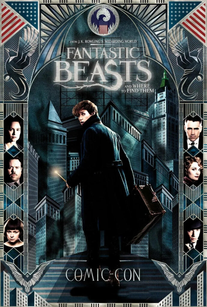 Fantastic Beasts Comic Con poster with Newt Scamander wand suitcase magical cityscape art deco Wallpaper