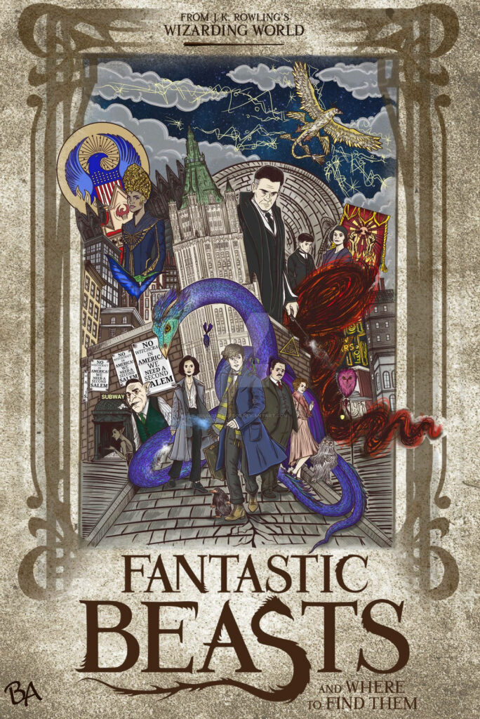 Fantastic Beasts fanart wallpaper with key characters magical creatures and whimsical cityscape background
