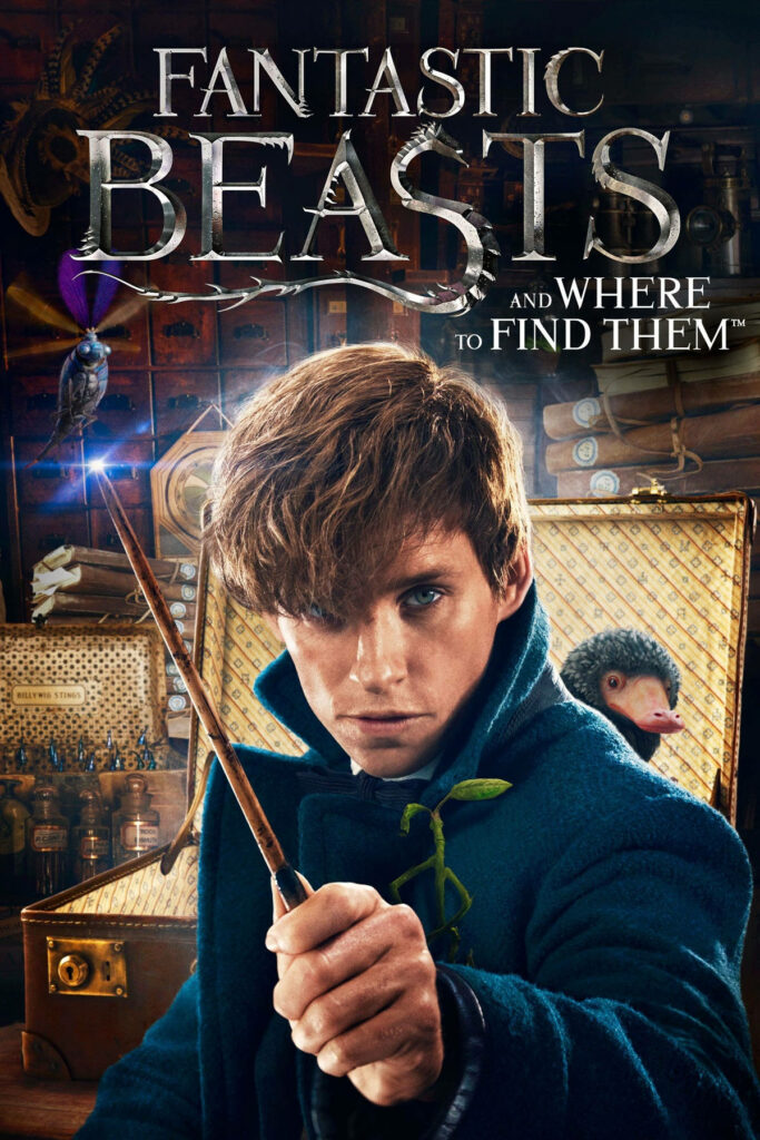 Fantastic Beasts movie poster wallpaper featuring main character with wand and magical creatures