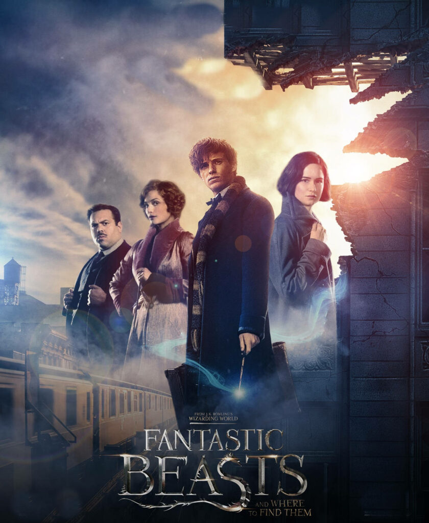 Fantastic Beasts main characters in front of damaged building with dramatic lighting wallpaper