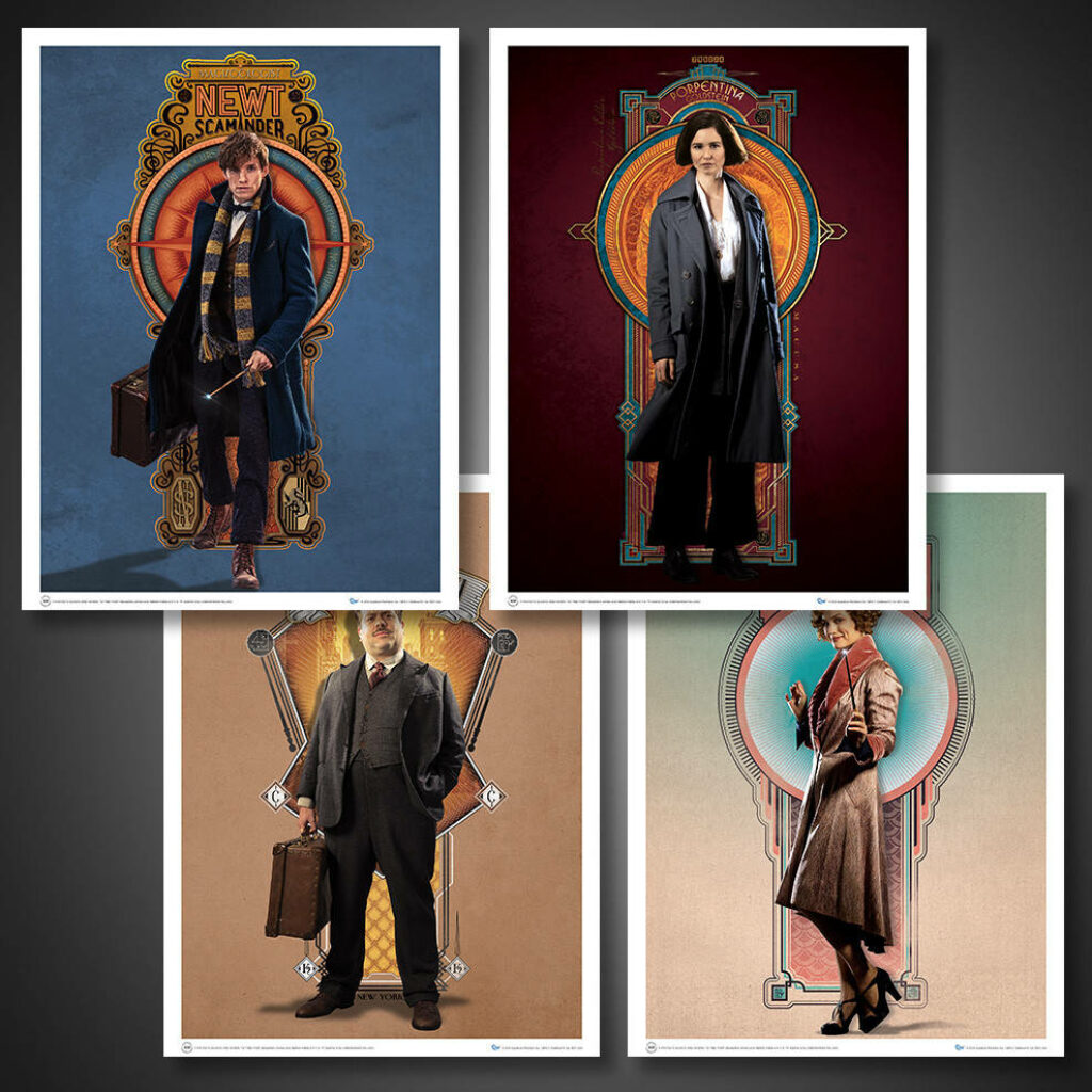 Fantastic Beasts main characters stylized portraits detailed backgrounds magical world wallpaper