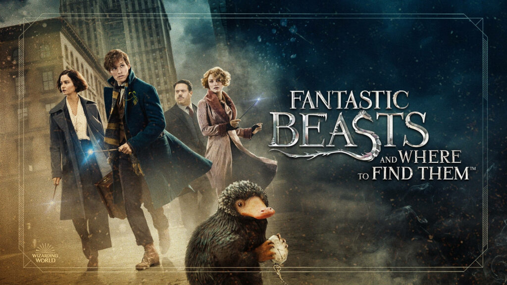 Fantastic Beasts main characters with magical creatures in a mystical cityscape wallpaper background