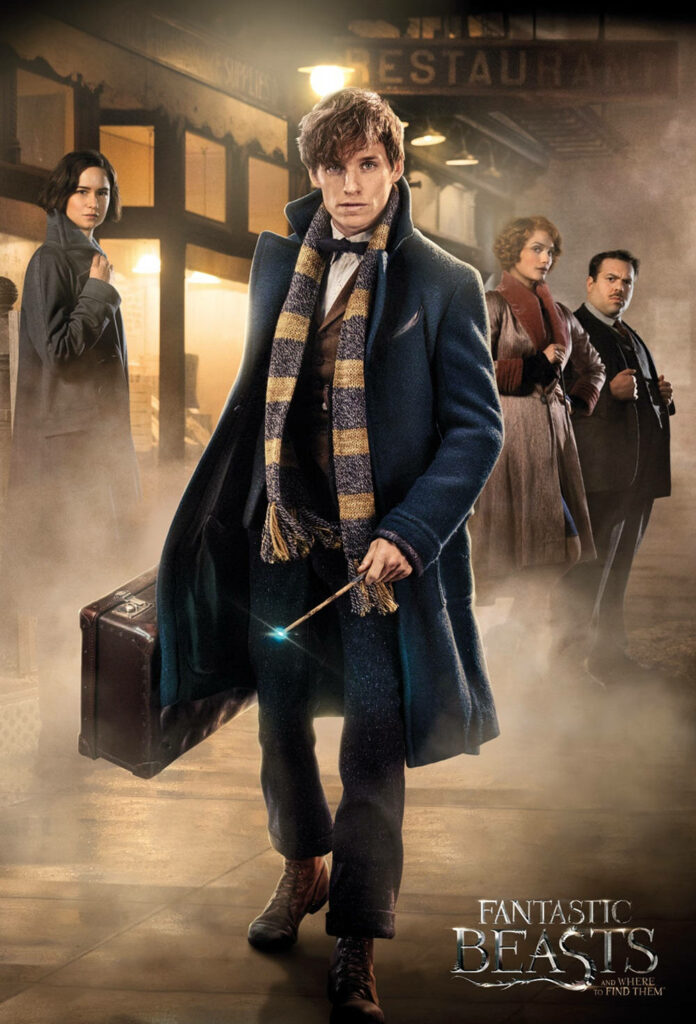 Fantastic Beasts wallpaper featuring Newt Scamander and characters on foggy 1920s street scene