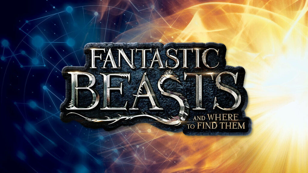 Fantastic Beasts wallpaper with magical blue and gold background and movie title fantasy adventure