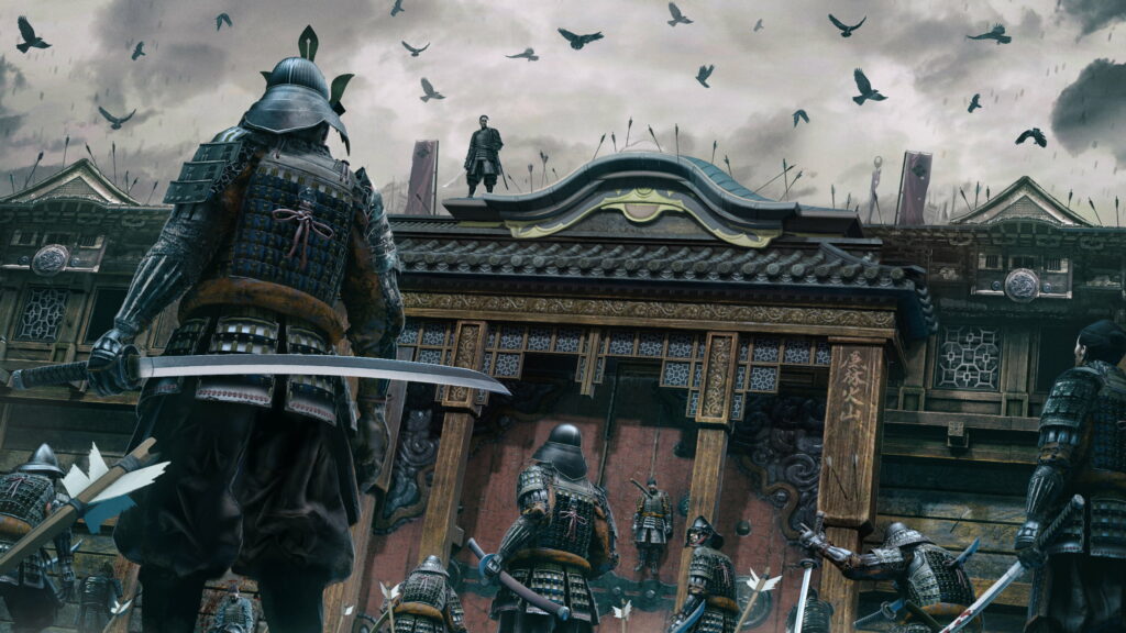 Warrior's Flight: A Majestic Samurai Battle amidst a Japanese Fantasy Landscape Wallpaper