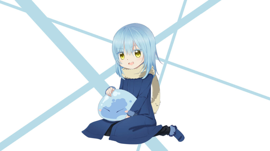 Magical Encounter: Digital Art of Young Rimuru Tempest and their Cute Slime Friend amidst an Abstract Backdrop Wallpaper