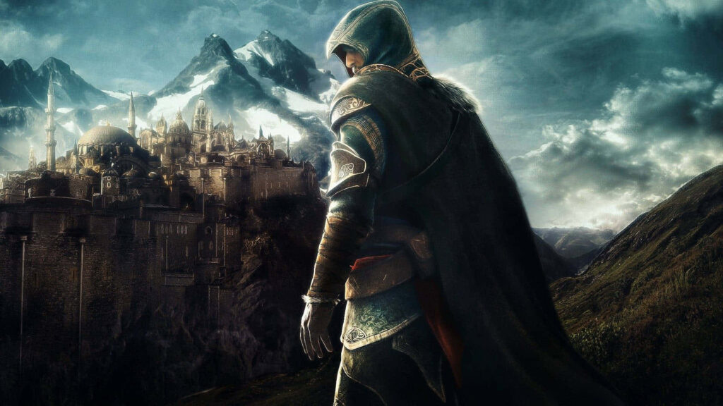 Immersive Fantasy 3D Game Wallpaper: Hooded Figure & Medieval Fortress
