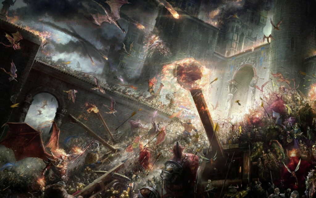 Firestorm Clash: A Majestic Battle Unleashes Chaos in a Fantasy Realm Wallpaper