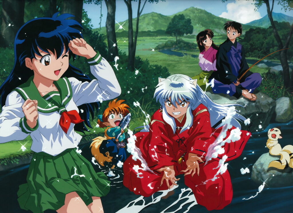 Anime Bliss: Inuyasha's Crew in a Magical Water World - 4K Wallpaper Masterpiece!