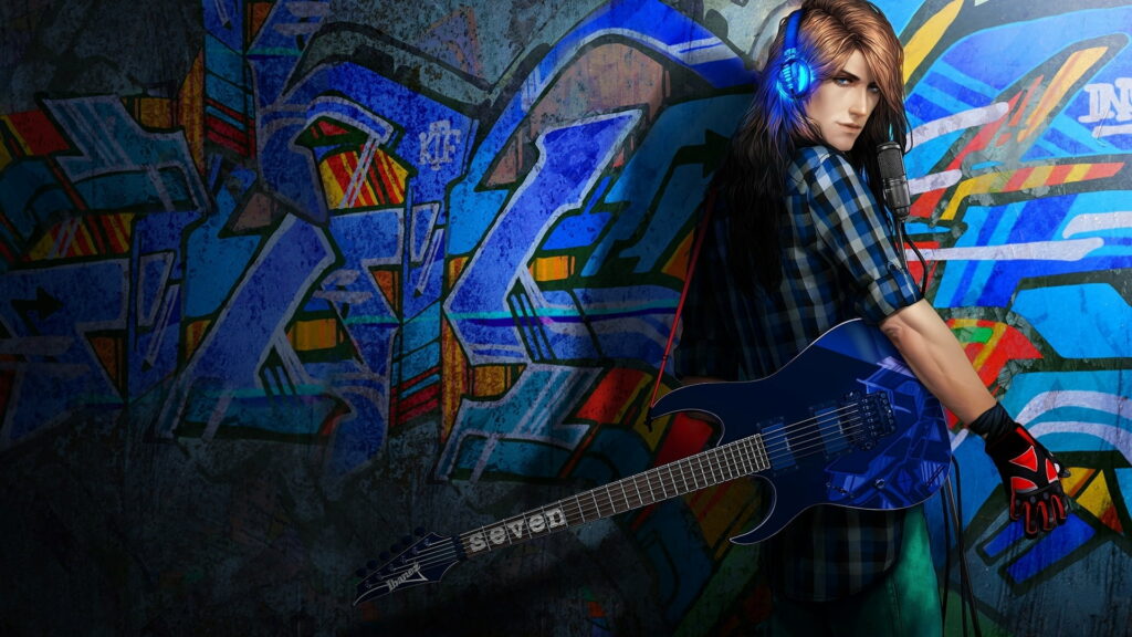 Melodic Visions: A Fantastical Guitarist Unleashing Musical Graffiti on a Blue Wall Wallpaper