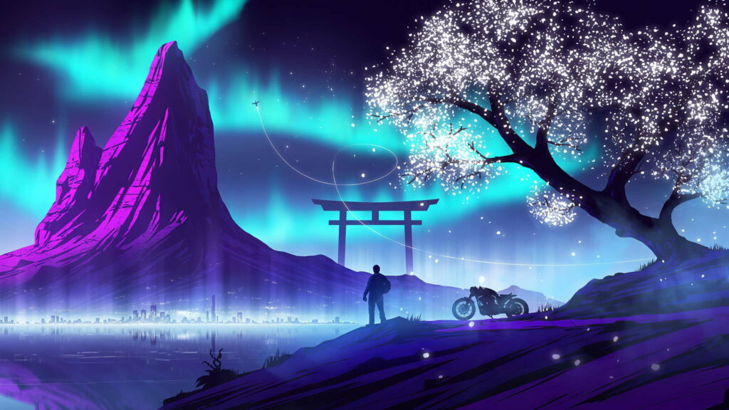 Fantasy Biker's Ride: A Cool Synthwave Adventure in the Mountains – HD Wallpaper